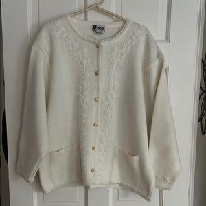 Women's Winter White Cardigan Sweater/Jacket  with Embroidery - Size 42 (XL)
